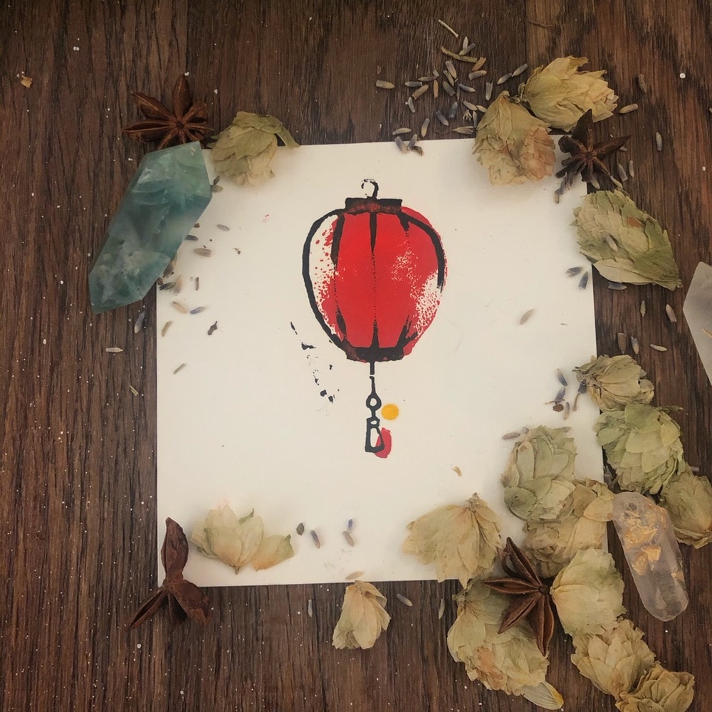 Linoleum Prints Hand Made Red Lantern - Picture 3 of 4